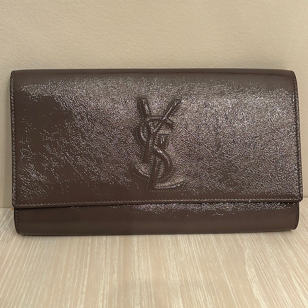 YSL Gray patent leather clutch